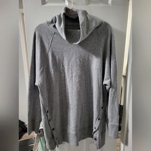 Cowl neck comfy roomy gray sweater with side snap detail